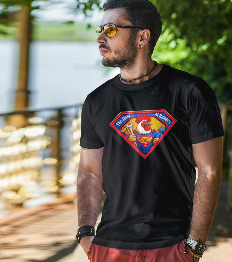 The Shop At Randy's Cartoon Rooster Superhero Wrenches Crest T-Shirt