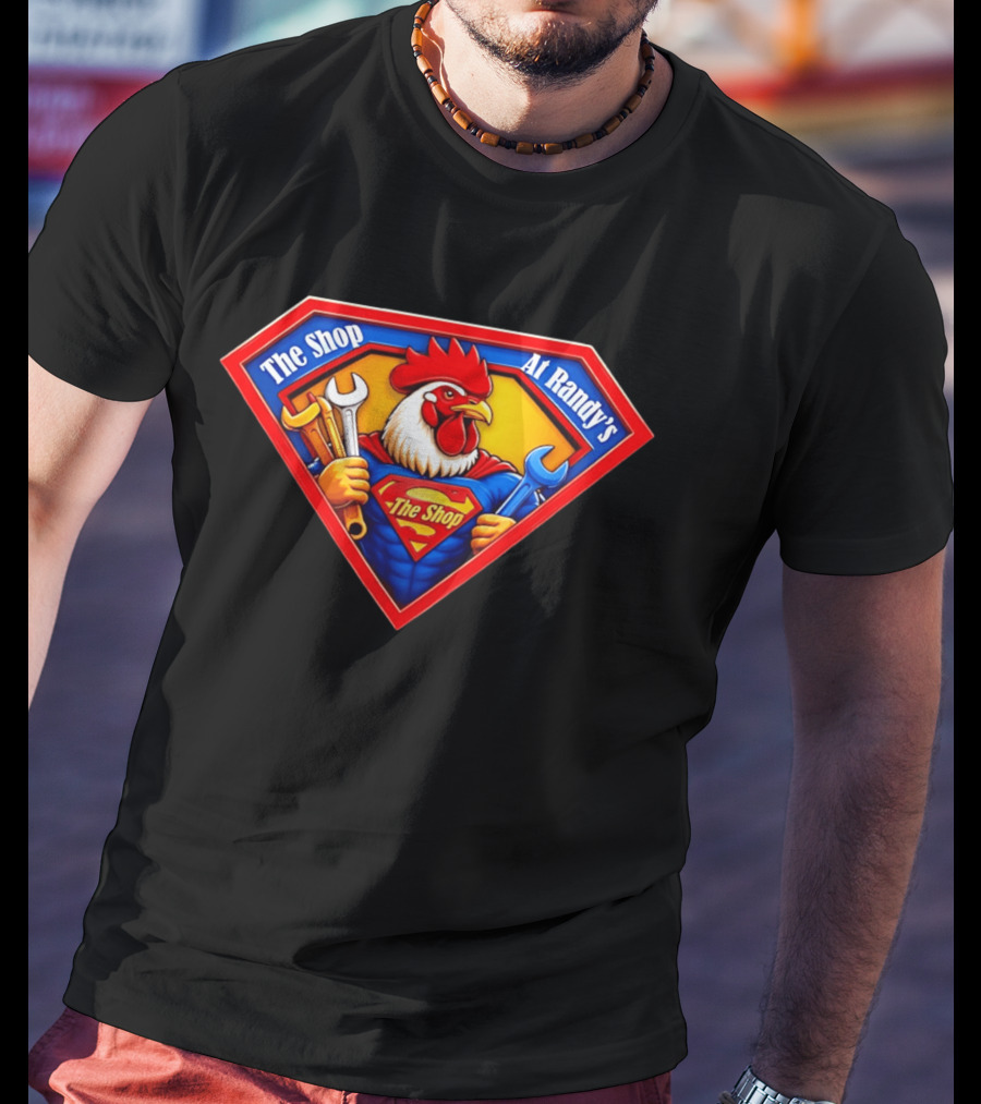 The Shop At Randy's Cartoon Rooster Superhero Wrenches Crest T-Shirt