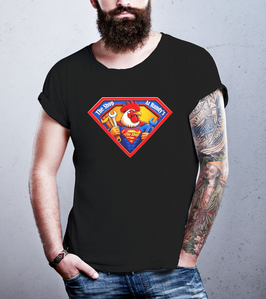 The Shop At Randy's Cartoon Rooster Superhero Wrenches Crest T-Shirt