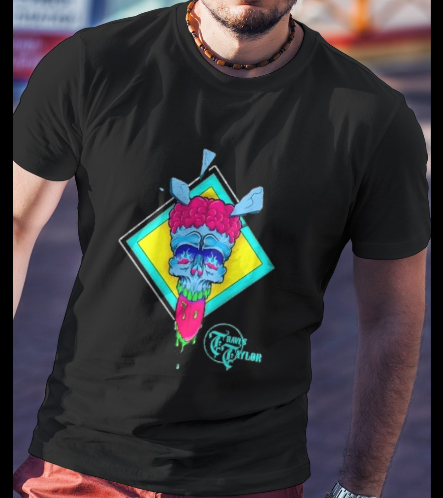 Travis Taylor Neon Skull Pink Brain Green Slime Tongue Diamond Geometric T-Shirt