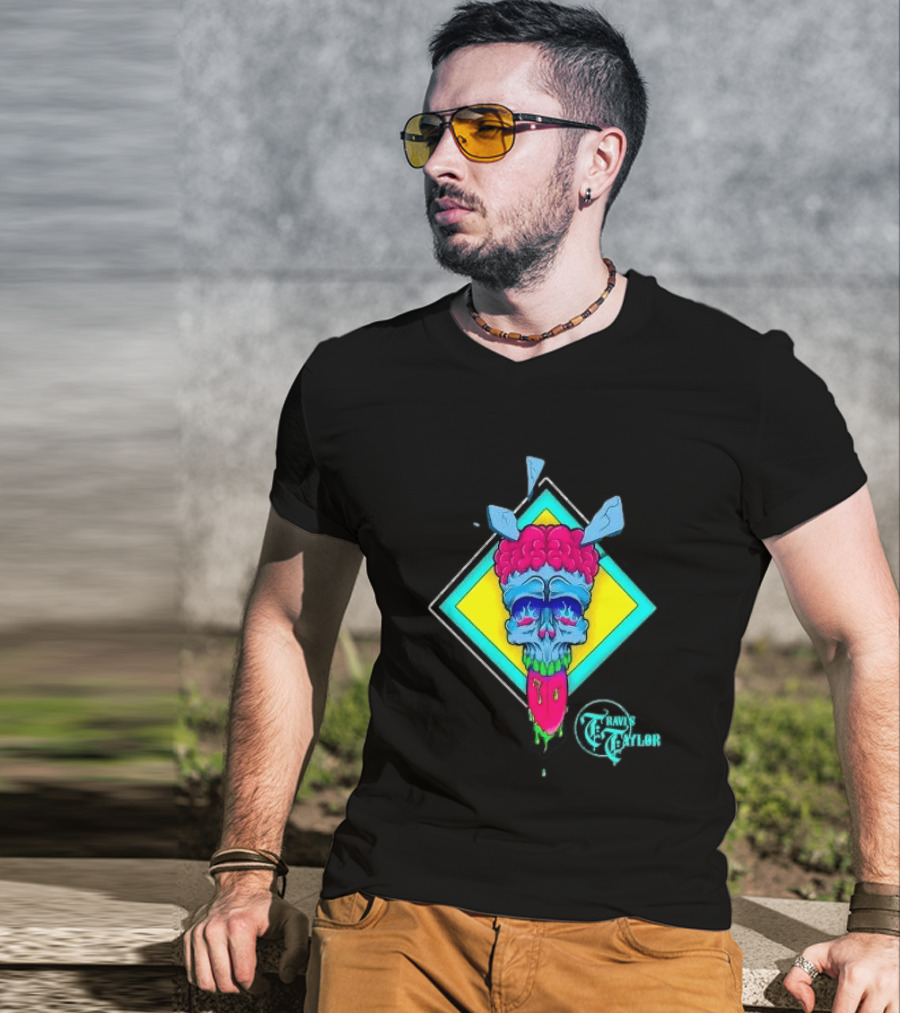 Travis Taylor Neon Skull Pink Brain Green Slime Tongue Diamond Geometric T-Shirt