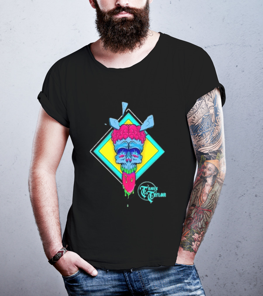 Travis Taylor Neon Skull Pink Brain Green Slime Tongue Diamond Geometric T-Shirt