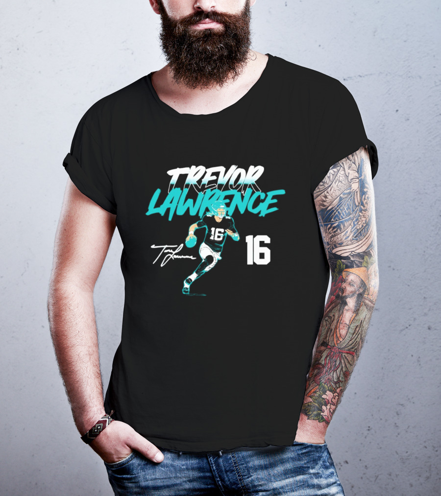 Trevor Lawrence No 16 Jaguars Signature Style Football 2026 T-Shirt