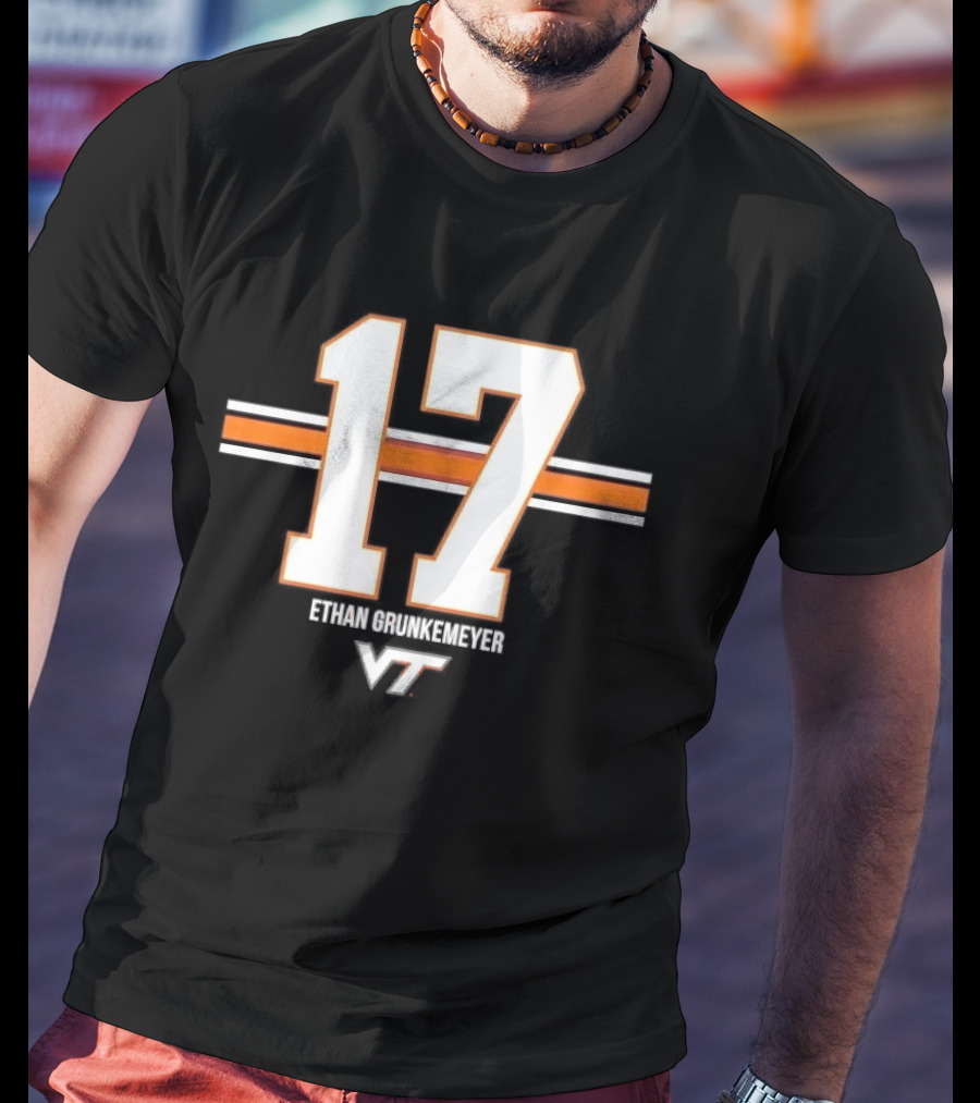 Virginia Tech Hokies Ethan Grunkemeyer 17 Horizontal Stripes T-Shirt
