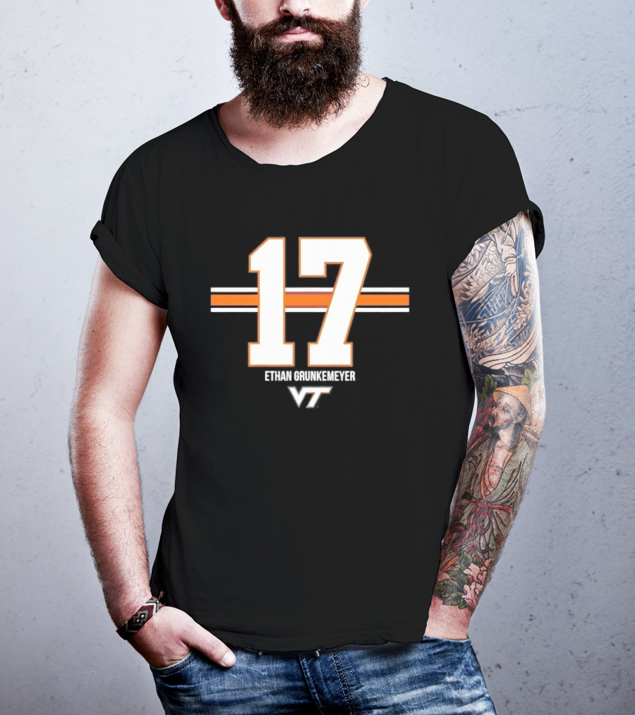 Virginia Tech Hokies Ethan Grunkemeyer 17 Horizontal Stripes T-Shirt