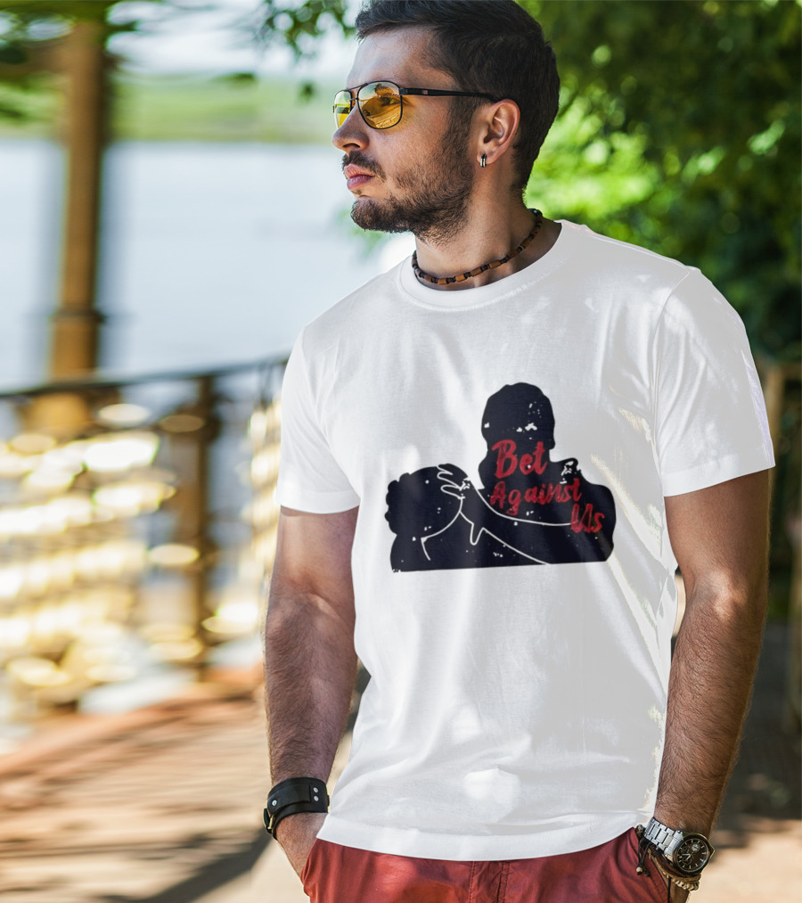 Bet Against Us Red Script Embracing Figures White Line T-Shirt