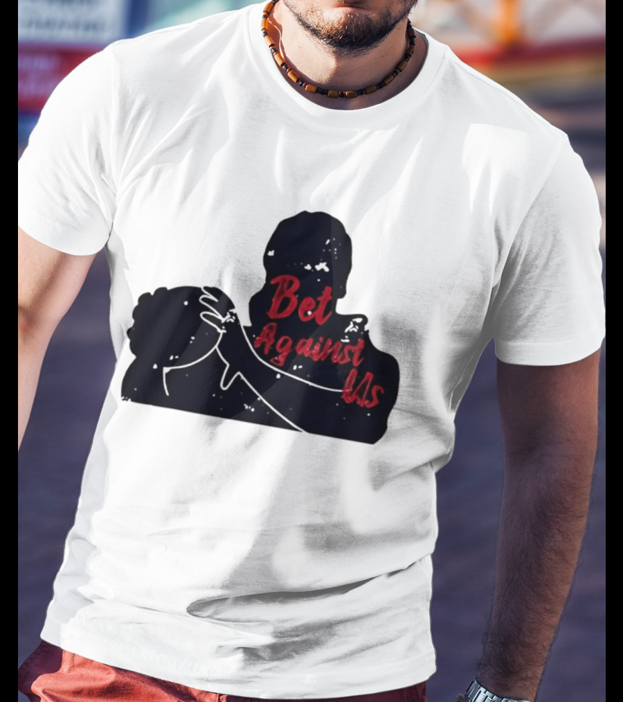 Bet Against Us Red Script Embracing Figures White Line T-Shirt