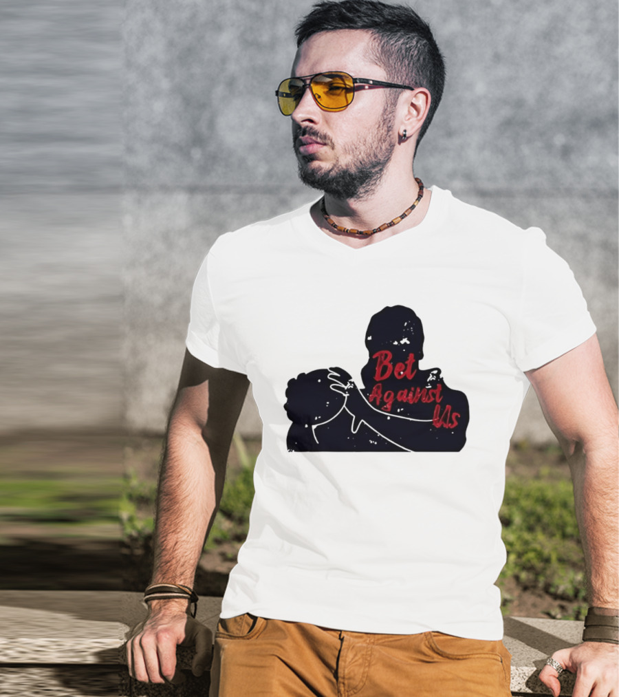 Bet Against Us Red Script Embracing Figures White Line T-Shirt