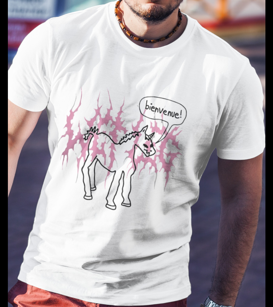 Bienvenue Cartoon Horned Unicorn Pink Flames T-Shirt