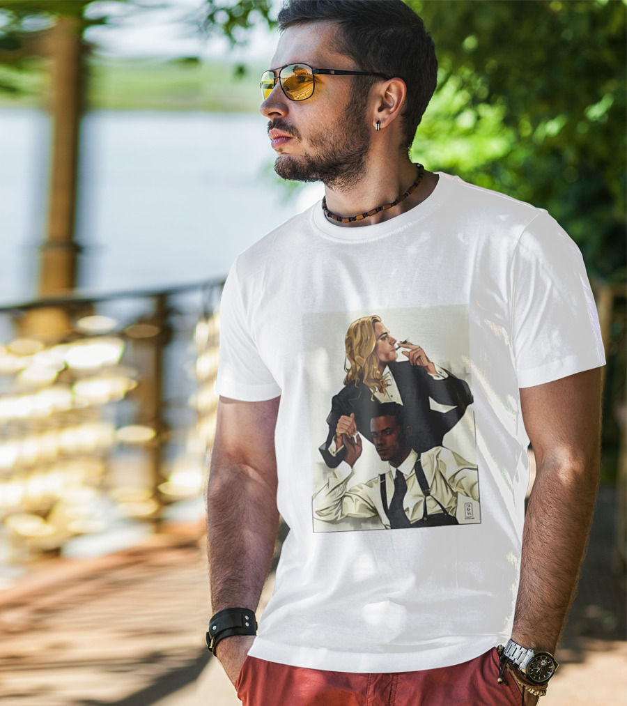 Blonde Tuxedo Smoking Dark Hair Suspenders Duo T-Shirt