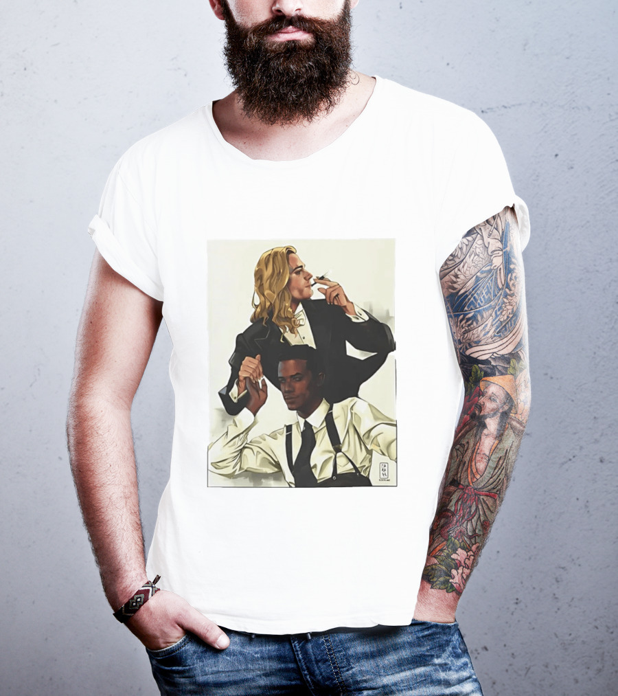 Blonde Tuxedo Smoking Dark Hair Suspenders Duo T-Shirt