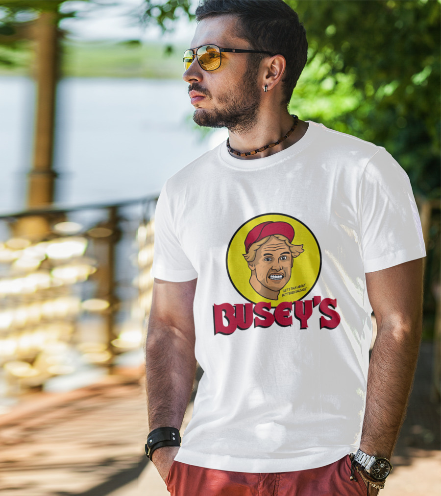 Busey's Let's Talk About Buttered Sausage Gary Busey Red Cap T-Shirt