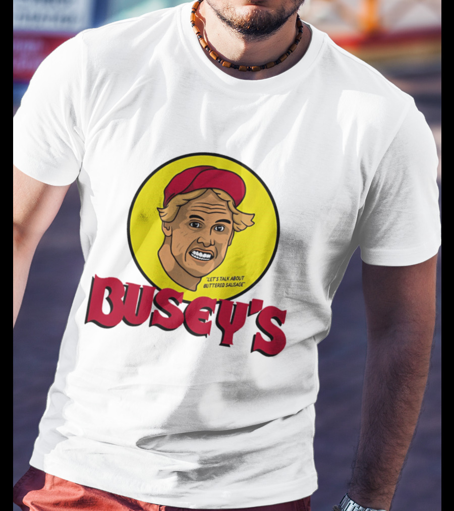 Busey's Let's Talk About Buttered Sausage Gary Busey Red Cap T-Shirt