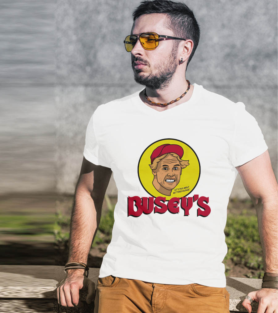 Busey's Let's Talk About Buttered Sausage Gary Busey Red Cap T-Shirt