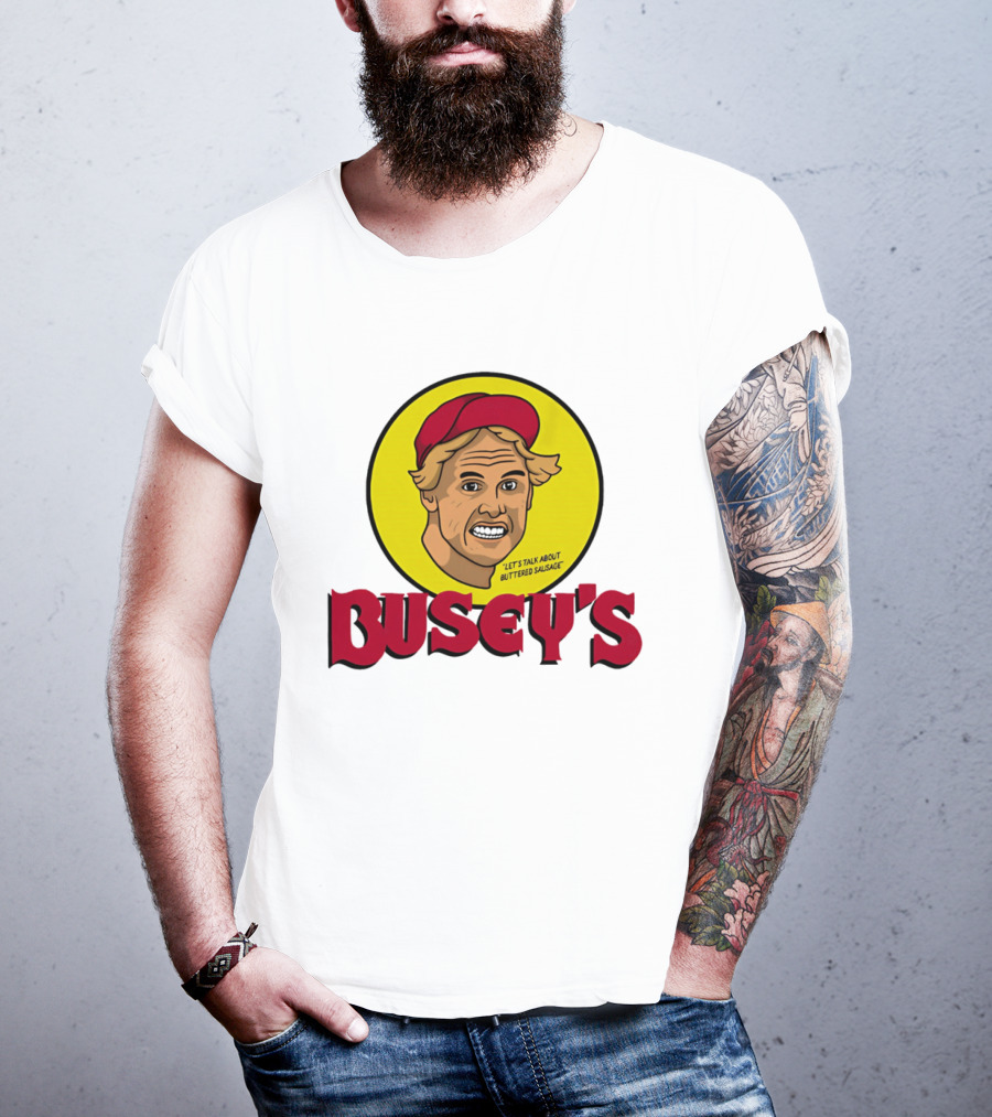 Busey's Let's Talk About Buttered Sausage Gary Busey Red Cap T-Shirt