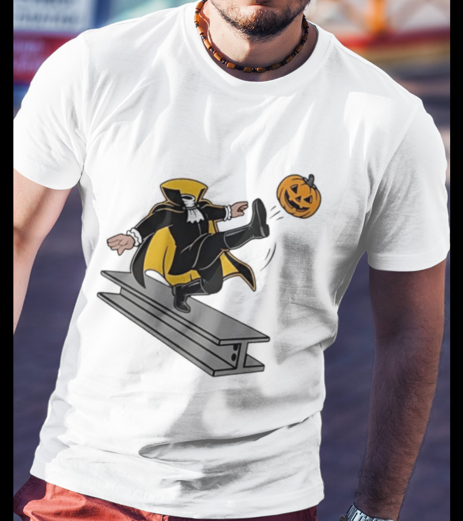 Cartoon Headless Horseman Kicking Jack O Lantern Pumpkin Steel Beam T-Shirt