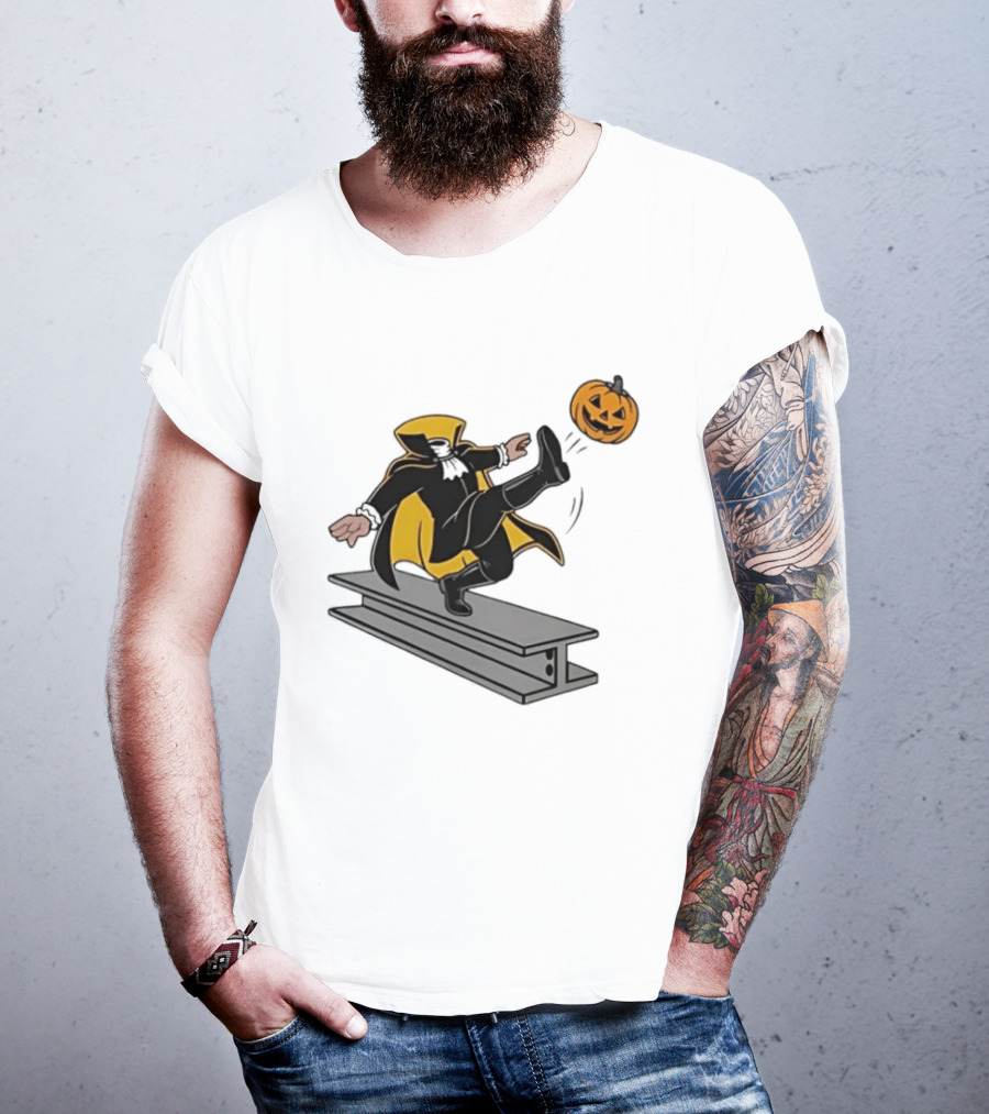 Cartoon Headless Horseman Kicking Jack O Lantern Pumpkin Steel Beam T-Shirt