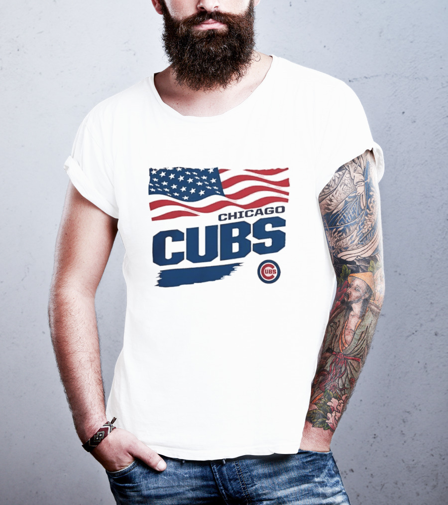 Chicago Cubs American Flag Waving Paint Brush Stroke MLB Cubs T-Shirt