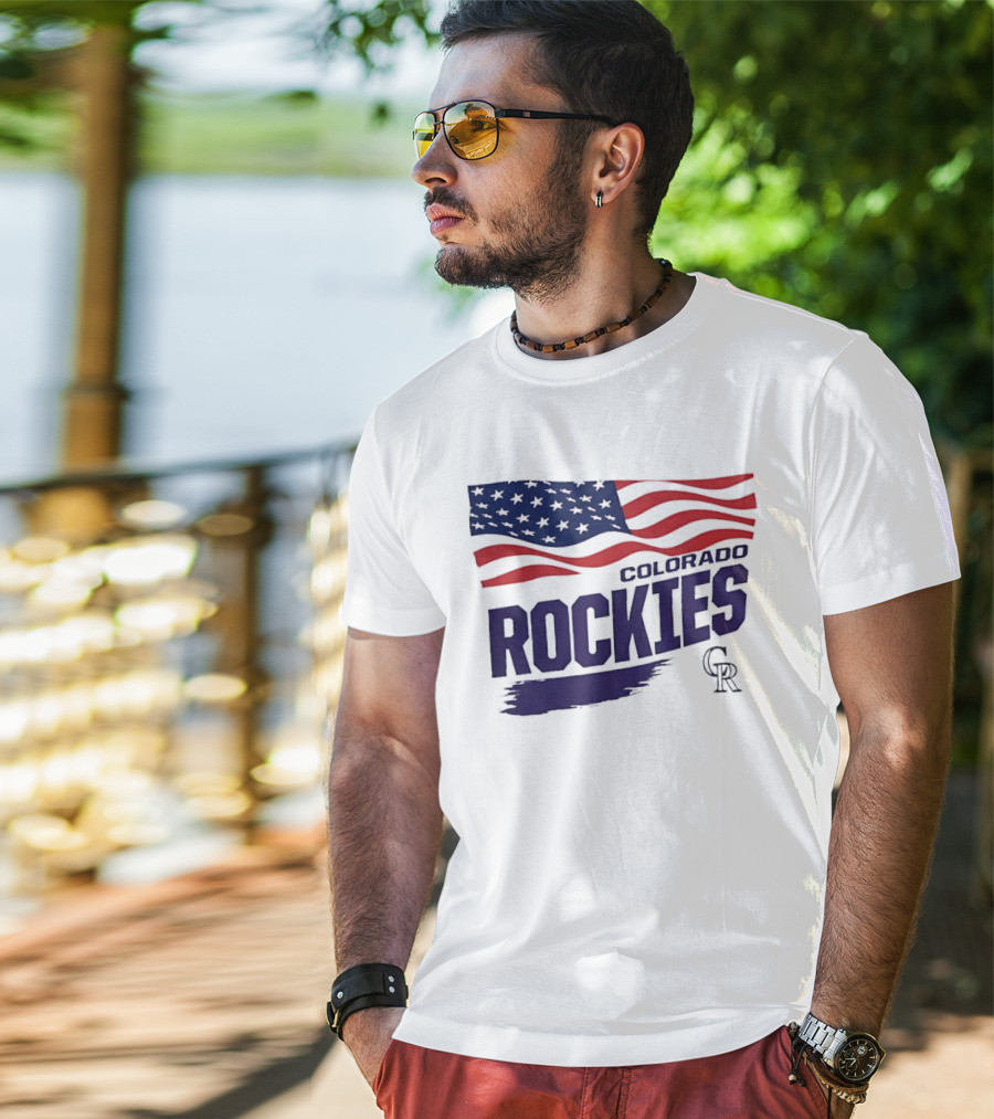 Colorado Rockies MLB American Flag Brush Stroke Waving T-Shirt
