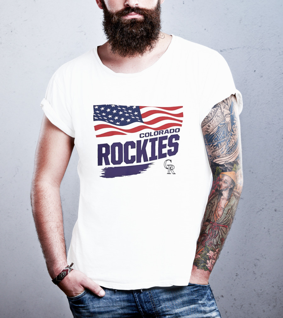 Colorado Rockies MLB American Flag Brush Stroke Waving T-Shirt