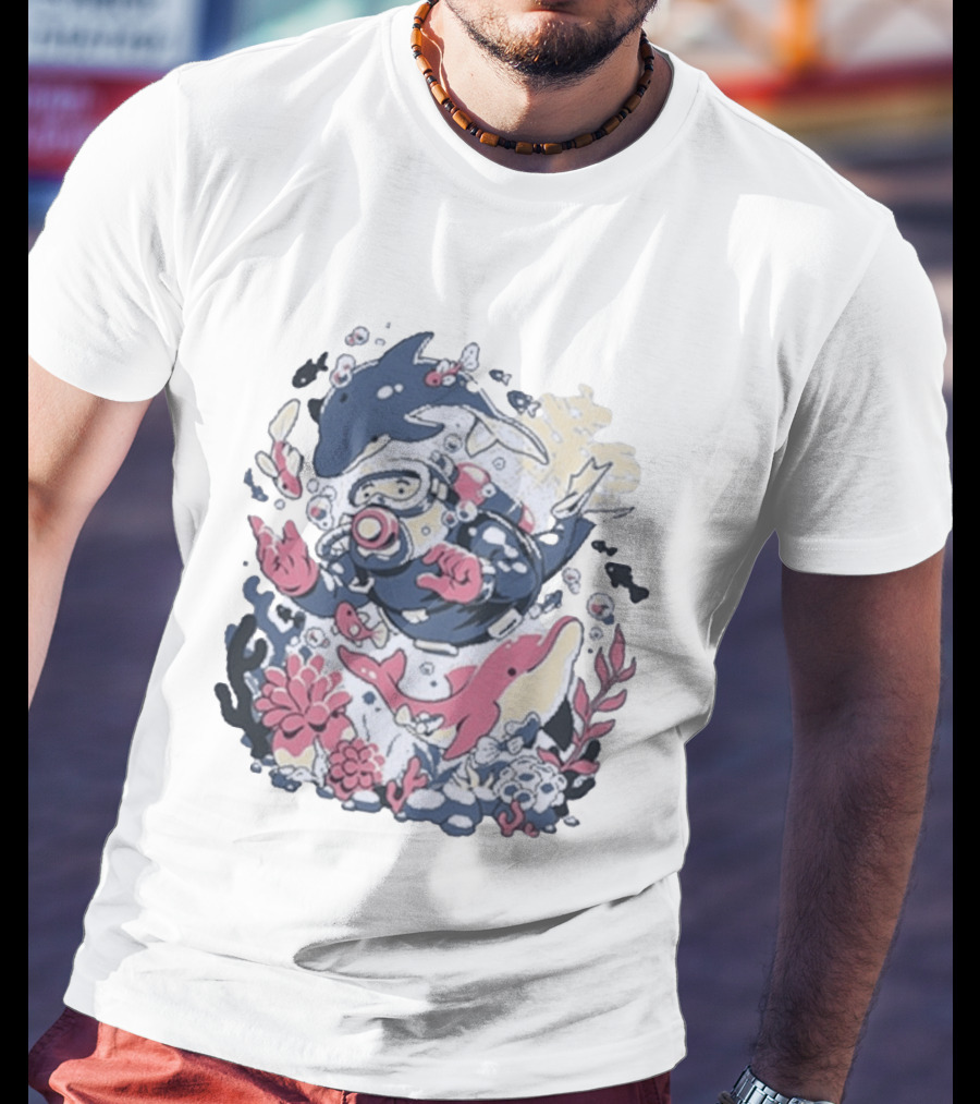 Fangamer Dolphins Dive Underwater Adventure With Diver And Marine Life T-Shirt