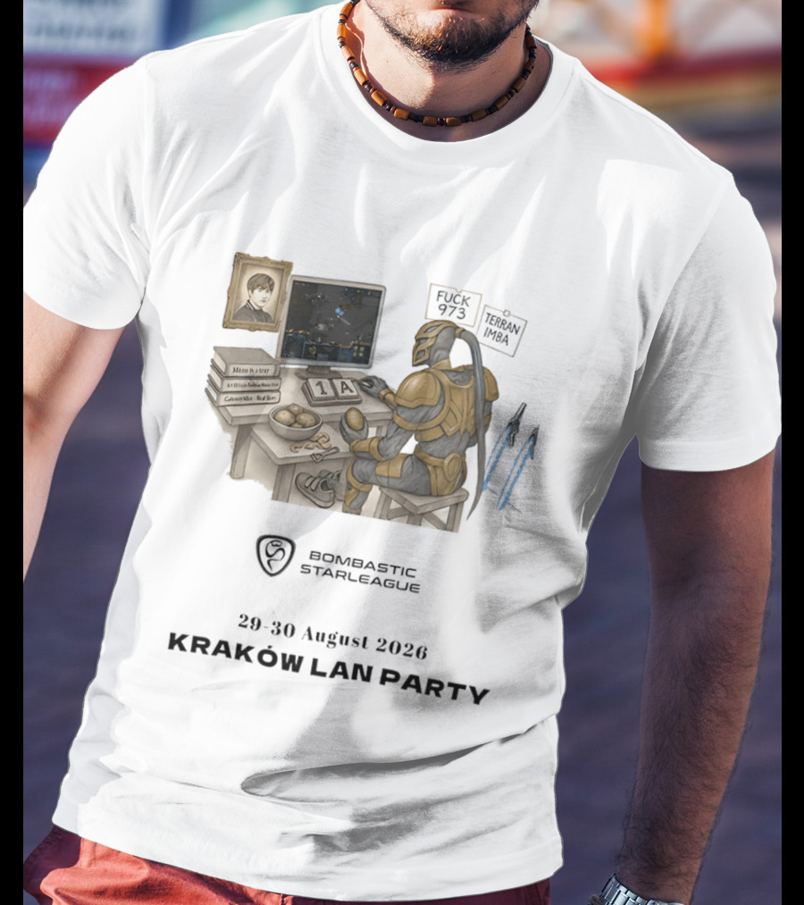 Bombastic StarLeague LAN Party Kraków August 2026 Terran Imba Micro Trap Nexus Gatewayman T-Shirt