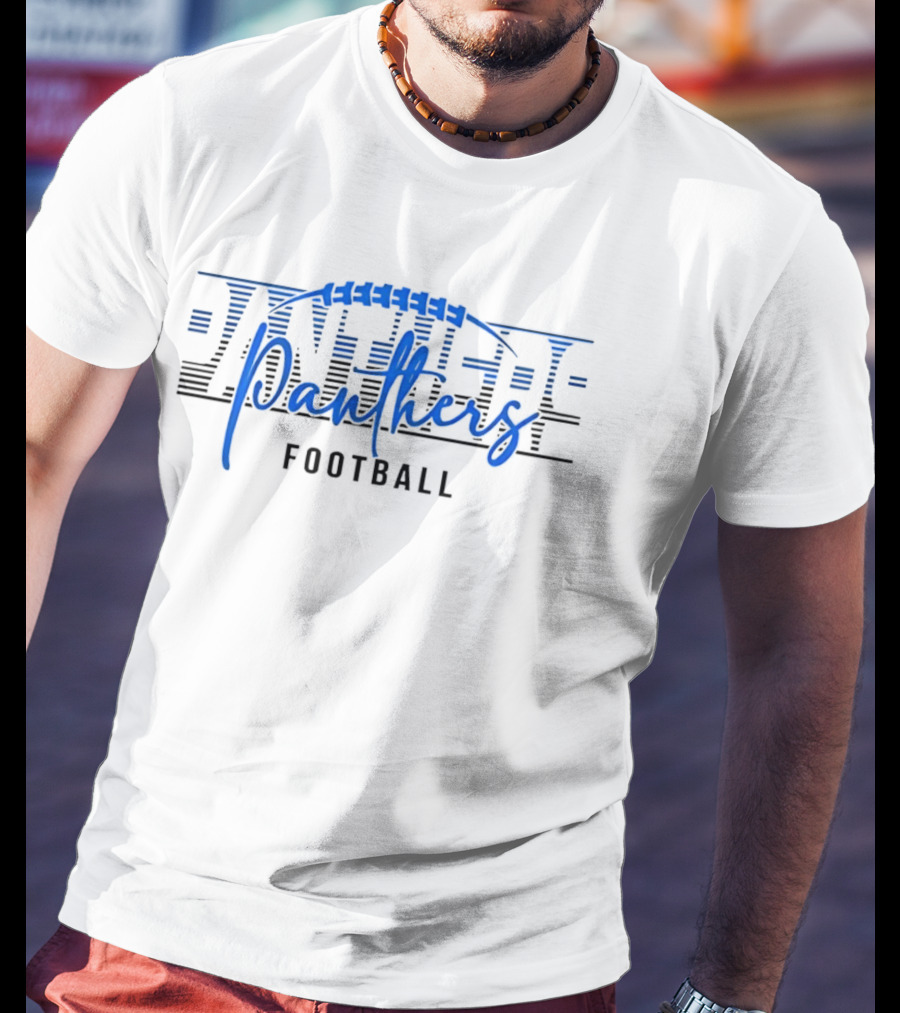 Panthers Football Blue Script Striped Laces Football T-Shirt