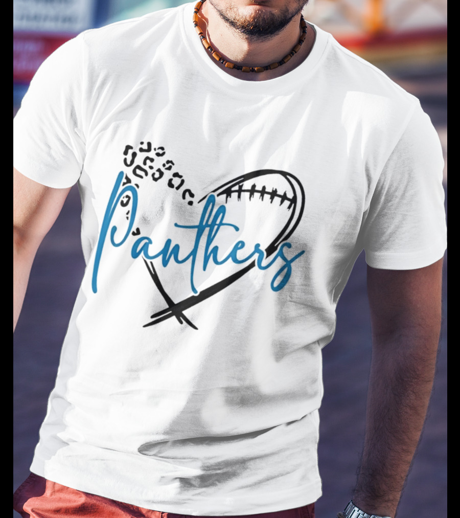 Panthers Heart Leopard Spots Football Laces Cursive Line T-Shirt