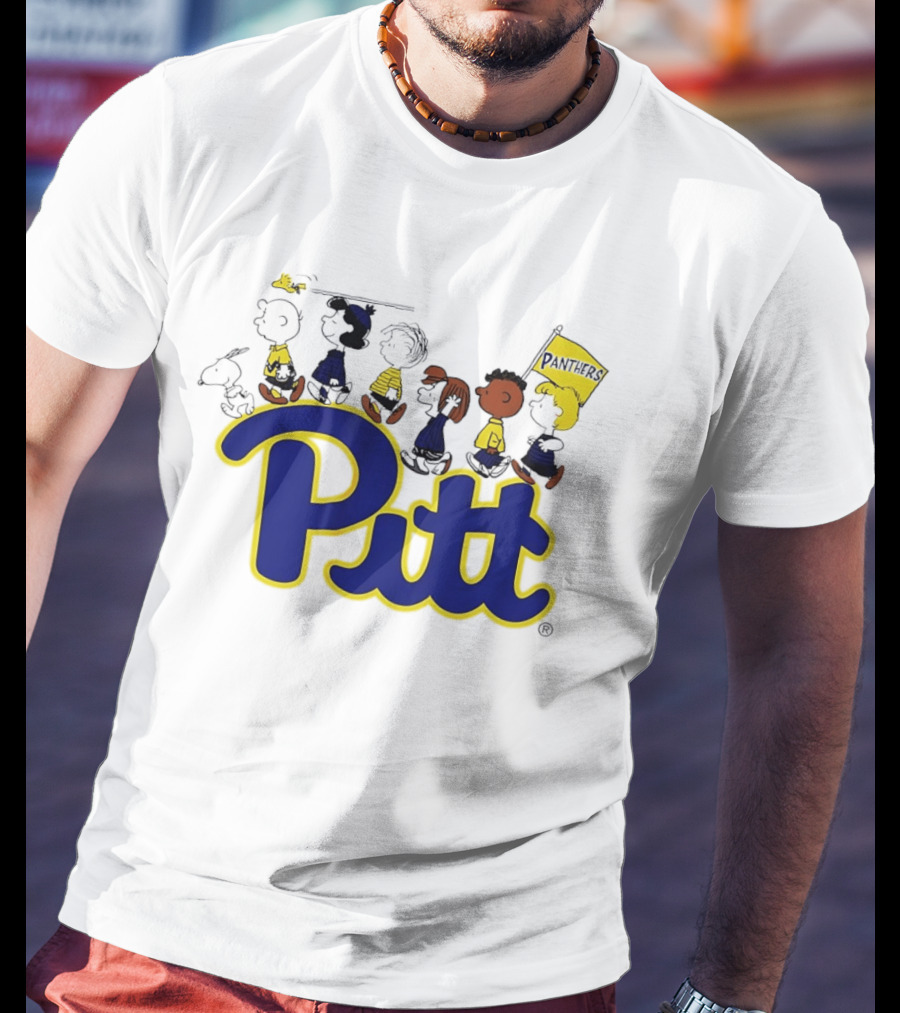 Pittsburgh Panthers Peanuts Characters With Pitt Flag T-Shirt