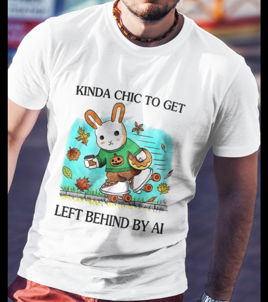 Kinda Chic Rabbit Roller Skating With Pumpkin Happy Fall Leaves Left Behind By AI T-Shirt