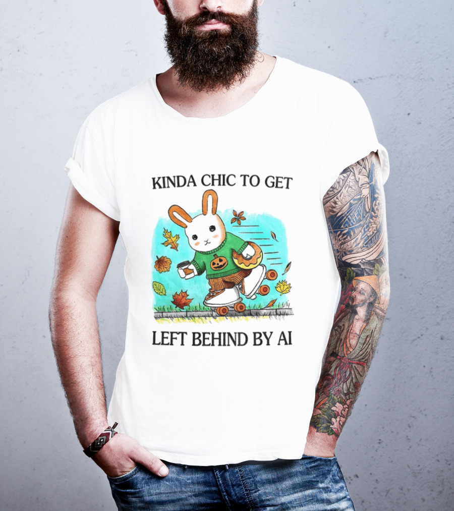 Kinda Chic Rabbit Roller Skating With Pumpkin Happy Fall Leaves Left Behind By AI T-Shirt