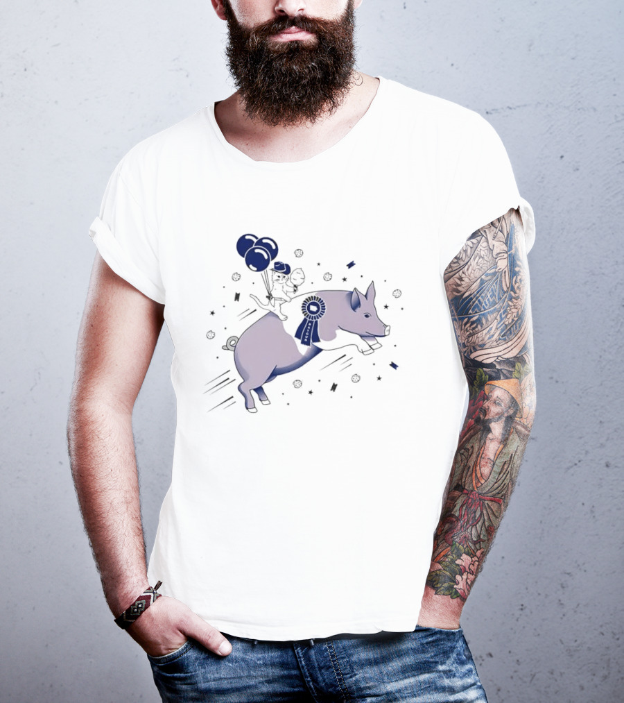 Raygun Cartoon Cowboy Cat Riding Flying Pig With Iowa Ribbon And Balloons T-Shirt