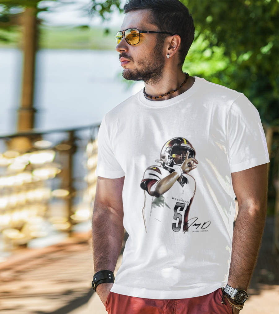 Washington Commanders Jayden Daniels Quarterback Finger To Lips Photo Cutout T-Shirt
