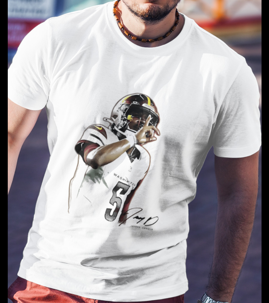 Washington Commanders Jayden Daniels Quarterback Finger To Lips Photo Cutout T-Shirt