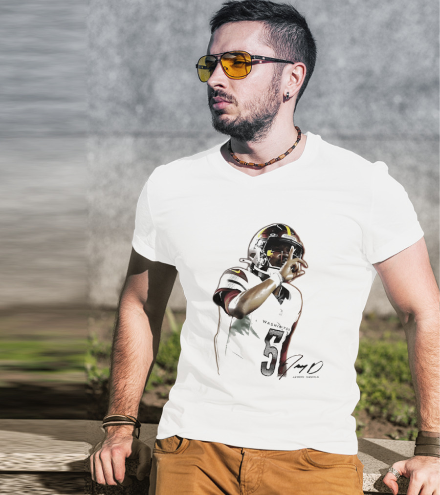 Washington Commanders Jayden Daniels Quarterback Finger To Lips Photo Cutout T-Shirt