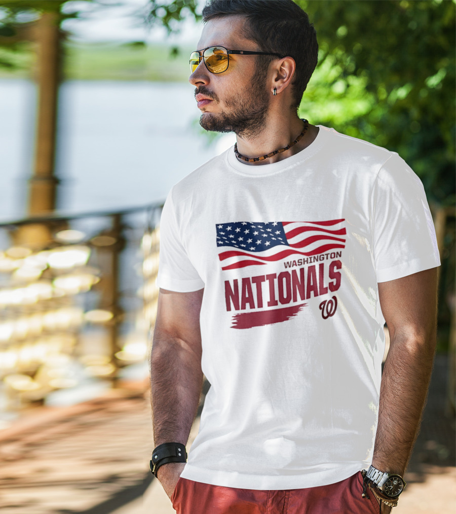 Washington Nationals Waving American Flag Red Brushstroke MLB T-Shirt
