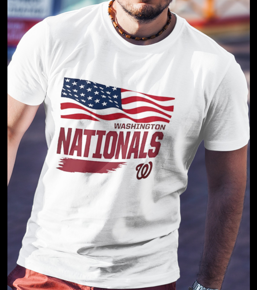 Washington Nationals Waving American Flag Red Brushstroke MLB T-Shirt