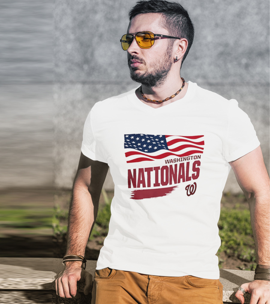Washington Nationals Waving American Flag Red Brushstroke MLB T-Shirt