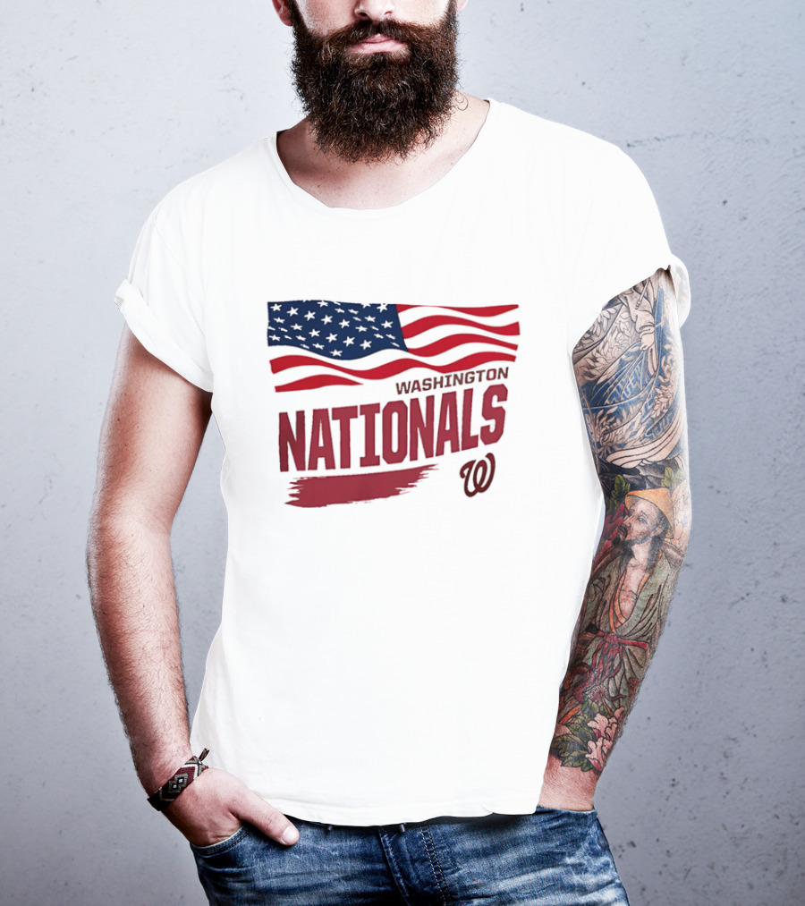 Washington Nationals Waving American Flag Red Brushstroke MLB T-Shirt