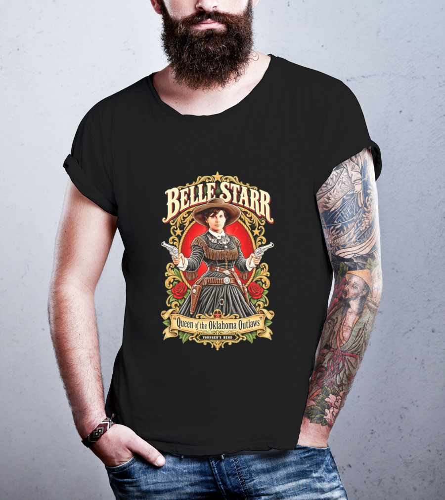 Belle Starr Queen Of The Oklahoma Outlaws Younger's Bend Roses Gunslinger T-Shirt