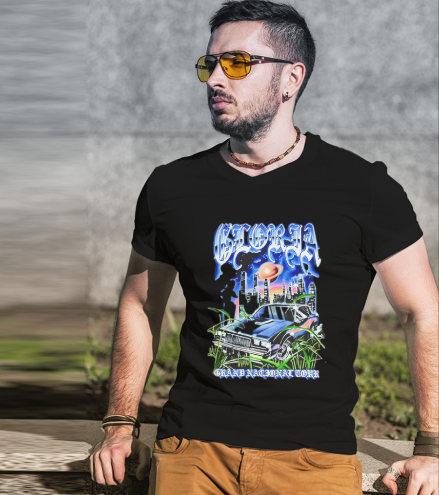 Gloria Grand National Tour Classic Car City Skyline Planet T-Shirt
