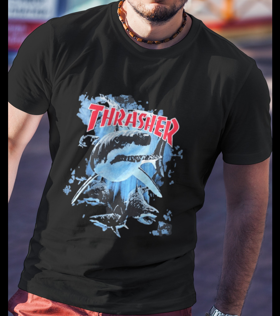 Thrasher Shark Blue Print Skateboarding T-Shirt