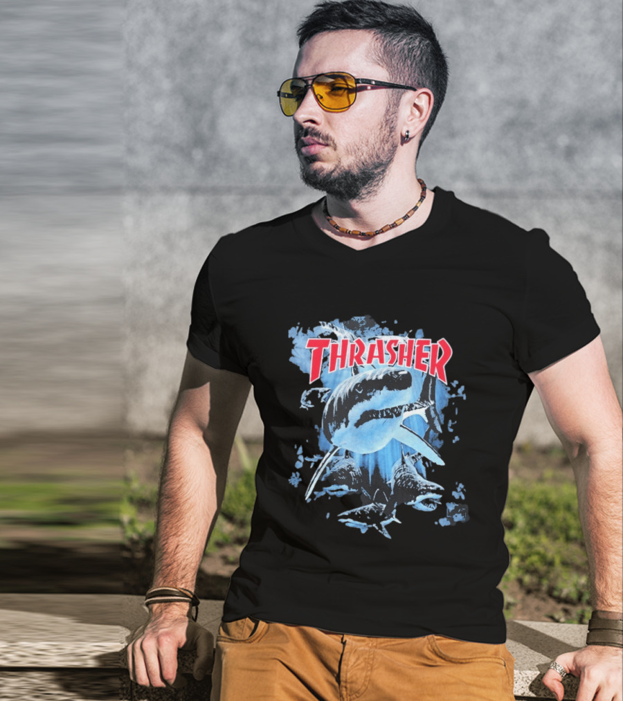 Thrasher Shark Blue Print Skateboarding T-Shirt