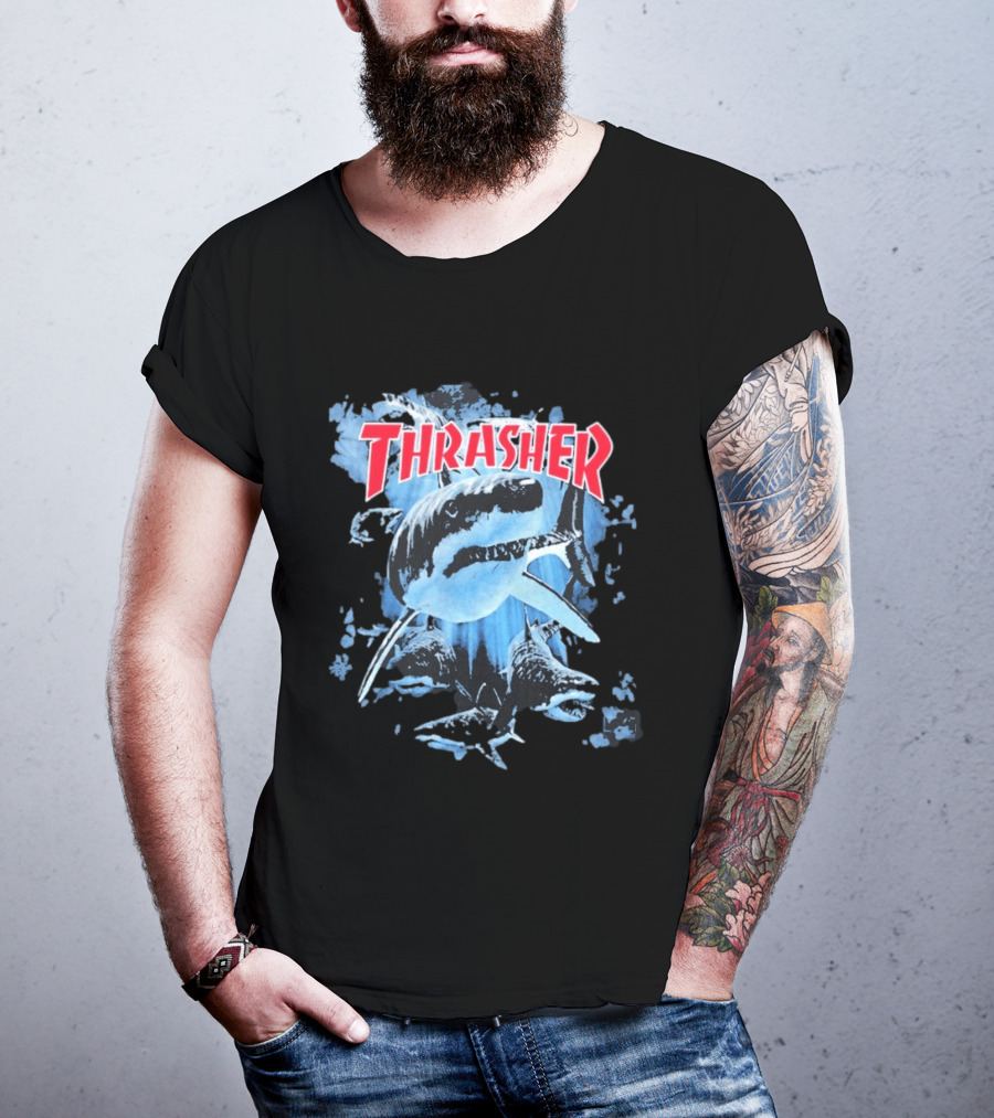 Thrasher Shark Blue Print Skateboarding T-Shirt