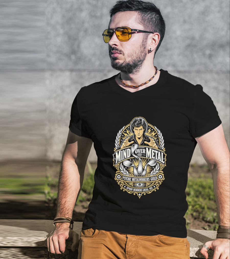 Mind Over Metal Psychic Metalworkers Guild Spoon Benders Local 101 Outstretched Hands Bent Utensils T-Shirt