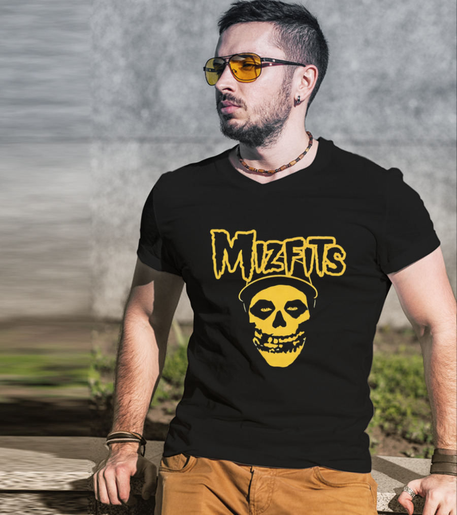Mizfits Yellow Dripping Horror Font Skull In Baseball Cap T-Shirt