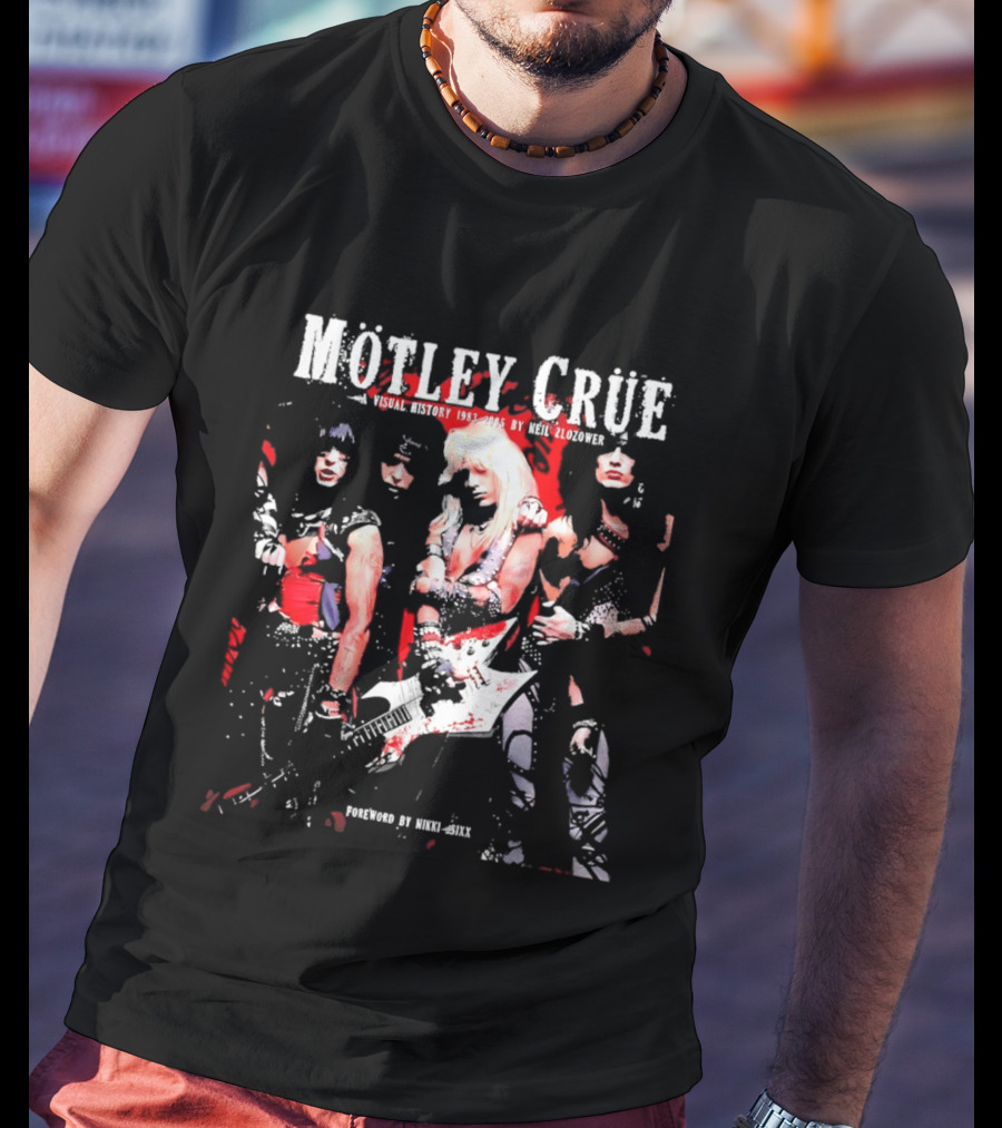 Motley Crue Visual History 1983 2005 Neil Zlozower Nikki Sixx Band Photo White Guitar T-Shirt