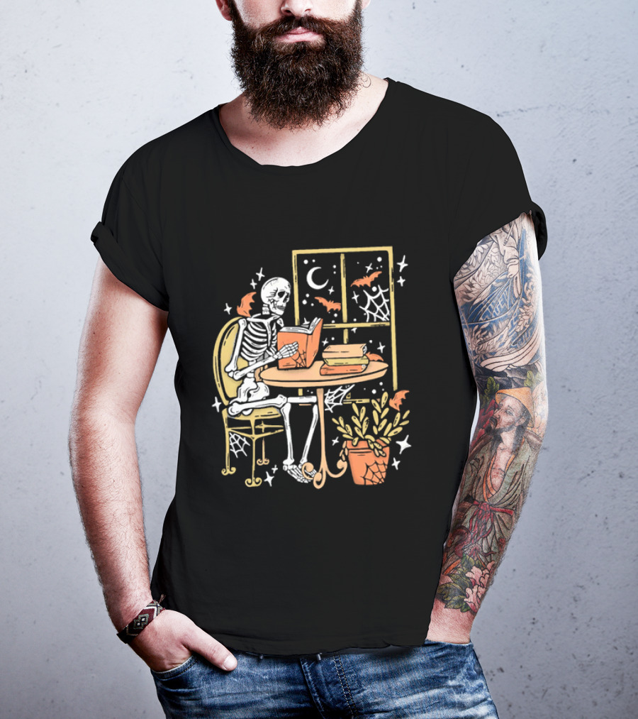 Cartoon Skeleton Reading Under Crescent Moon With Bats Orange Book Table Window T-Shirt