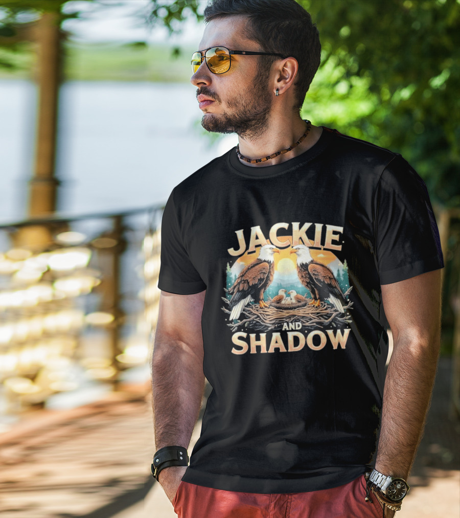 Jackie And Shadow American Eagles Family In Nest With Mountains And Sun T-Shirt