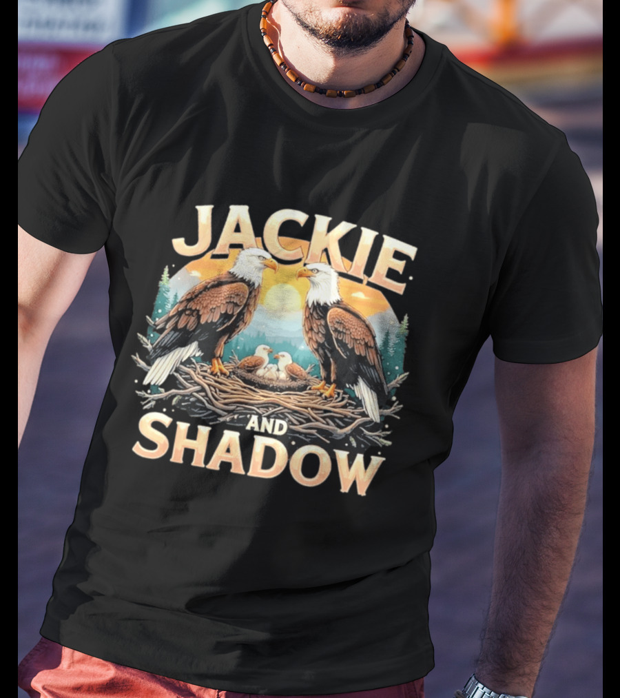 Jackie And Shadow American Eagles Family In Nest With Mountains And Sun T-Shirt